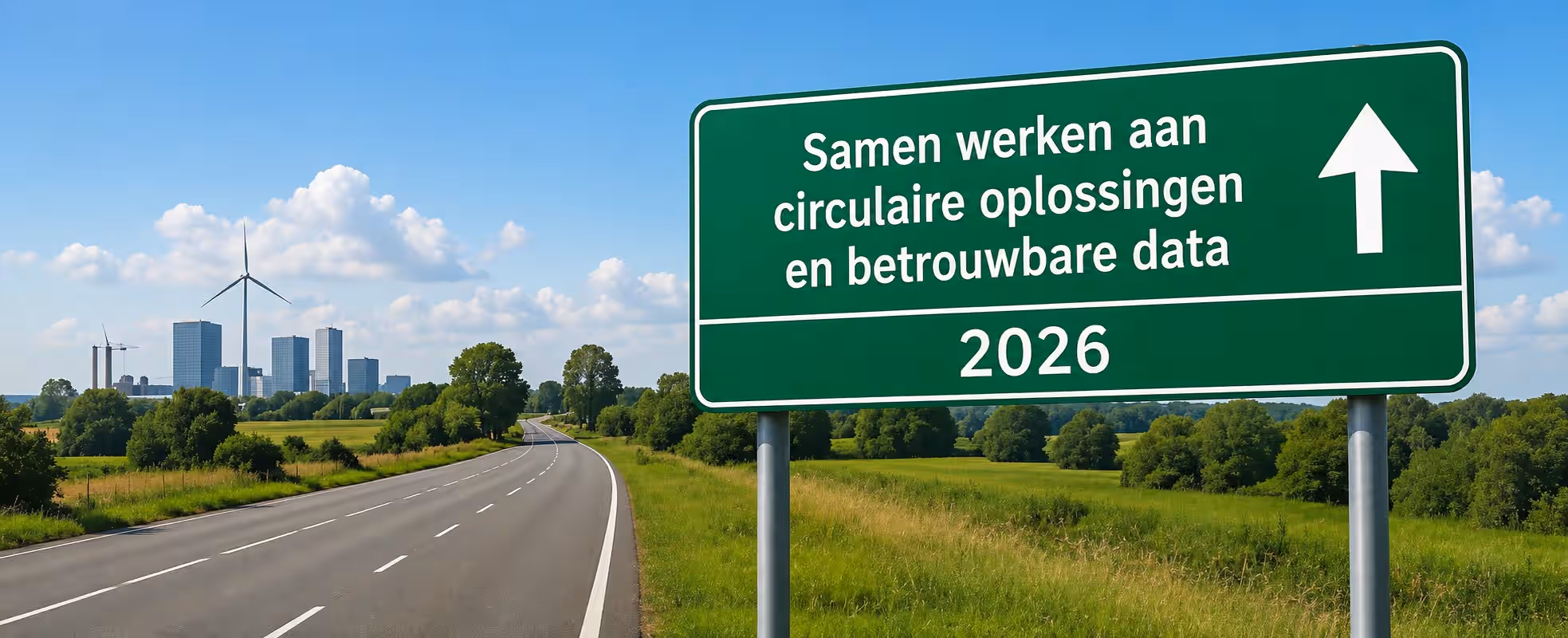 Verkeersbord met de tekst 'Samen werken aan circulaire oplossingen en betrouwbare data'
