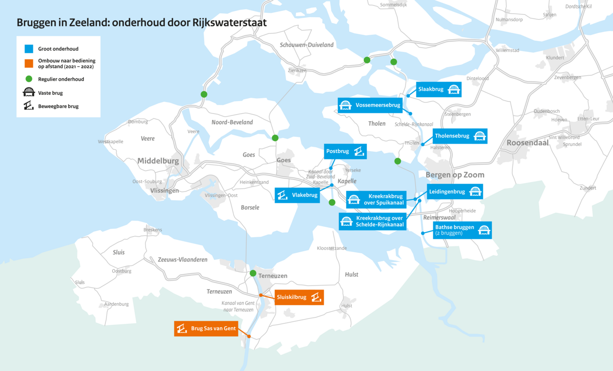 Overzichtkaart met bruggen waaraan Rijkswaterstaat de komende jaren onderhoud uitvoert