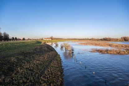 Hoogwater in de Waal, uiterwaarden zijn ondergelopen en buitendijks gelegen natuurgebied de Gelderse Poort