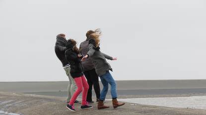 Een groep mensen loopt aan de kust tegen een flinke wind